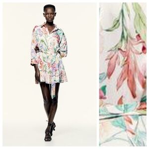 NWT. Zara Floral Print Satin Effect Ruffled Mini Dress. Size S.